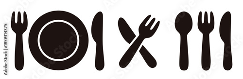 Fork, knife, spoon and plate cute icons, tableware set, dining silverware