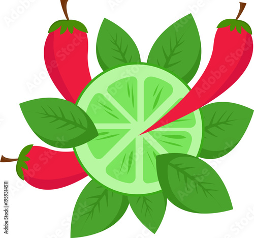 Fresh lime slice with red chili peppers and green leaves vector illustration