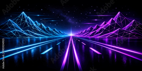 Futuristic Neon Highway with Glowing Lines and Digital Mountain Landscape