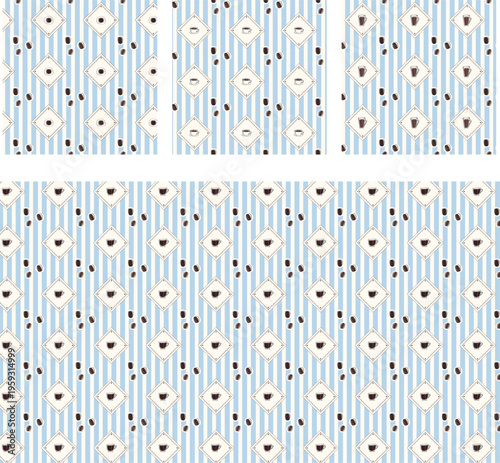 Texture with coffee cups for coffee shops and coffee lovers, for gift wrapping and background.Coffee cups in a rhombus on a popular striped background,  combination of blue and brown with coffee beans