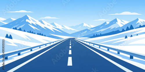 Winter Highway Road in Snowy Mountain Landscape Clean Minimal Vector Illustration