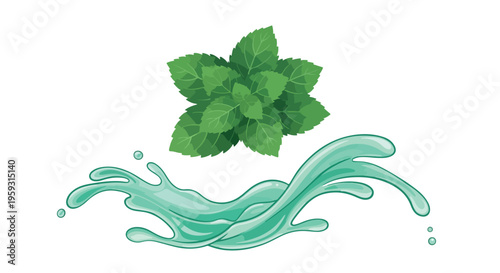 Fresh green mint leaves with a dynamic aqua blue water splash vector illustration, ideal for refreshing beverage, dental, or cosmetic product branding and packaging design