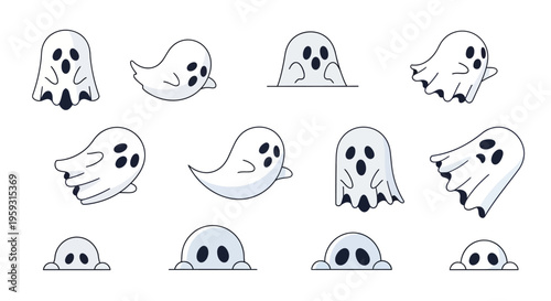 A delightful collection of charming cartoon ghost illustrations, featuring various whimsical poses and expressions, perfect for Halloween festivities and spooky season themes