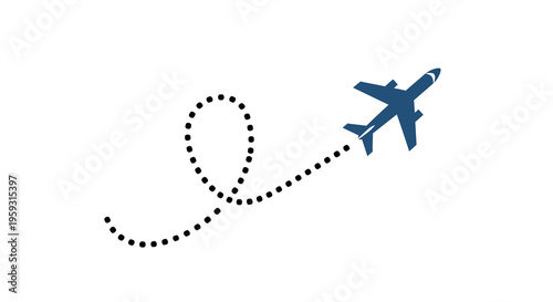 Vector illustration of a blue airplane icon flying with a looping dotted trail, symbolizing travel, adventure, global journey, and air transport. Perfect for trip planning themes