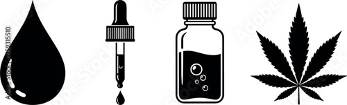 CBD Oil and Cannabis Leaf Icon Set with Dropper Bottle, Hemp Extract Symbols for Medical Marijuana, Wellness Products and Alternative Health Design