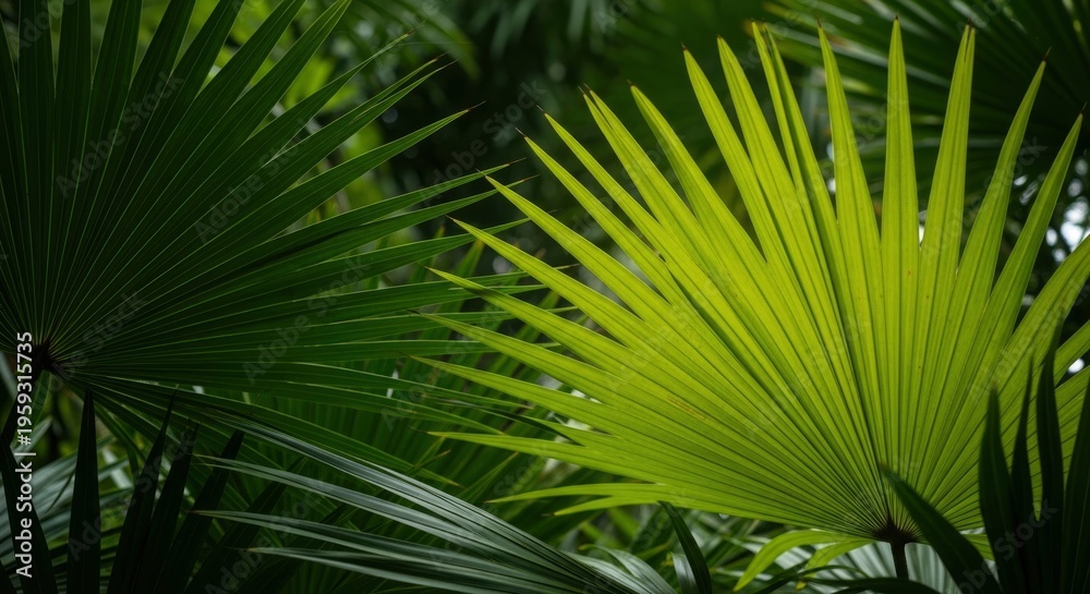 Fototapeta premium Palm leaves in natural sunlight filtering.