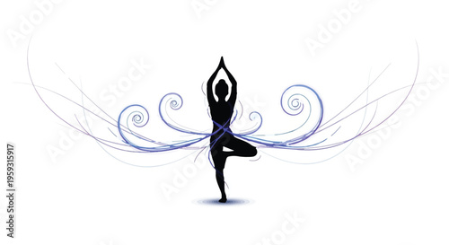 Silhouette of person in tree pose with flowing abstract blue swirls against a white background
