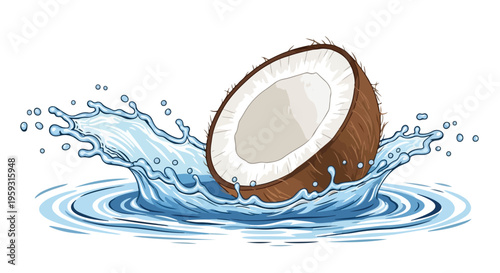Fresh Coconut Half with Splash of Clear Blue Water Vector Illustration for Tropical Drinks, Food, and Summer Concepts