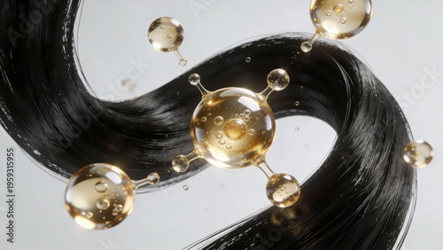 Jet-black hair strands interweave with golden molecular structure nourishing liquid, intuitively showing the technological nourishment and strong glossy texture of hair care, making it a material imag