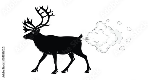 Humorous black silhouette of a reindeer farting white smoke cloud, funny animal flat vector illustration for comedy, memes, or playful design projects