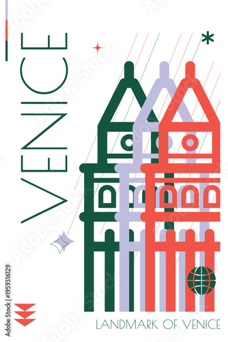 Venice landmark poster in retro futurism style. Vintage printable vector cover, postcard, illustration. Futuristic, halftone Italy city art with monument, tower
