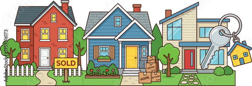 Real Estate and House Moving Vector Set with Suburban Homes Sold Sign Moving Boxes and House Key for Property Sales and Relocation Agency Designs