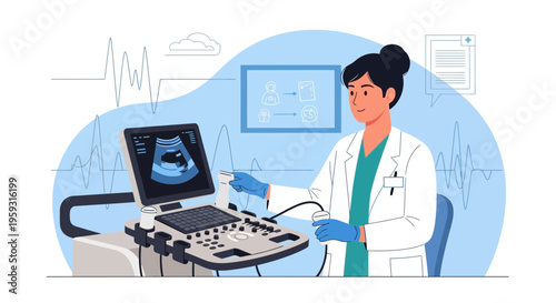 Doctor performing ultrasound scan on pregnant woman, medical technology, healthcare concept