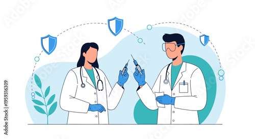 Doctors holding syringes with shields, symbolizing vaccination and healthcare protection