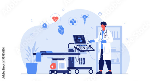 Doctor with Ultrasound Machine in Medical Clinic, Cardiology and Healthcare Concept