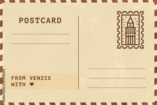From Venice postal card template. Vector grungy vintage style postcard illustration with stamp, belfry tower, landmark, message. Simple flat greetings image layout