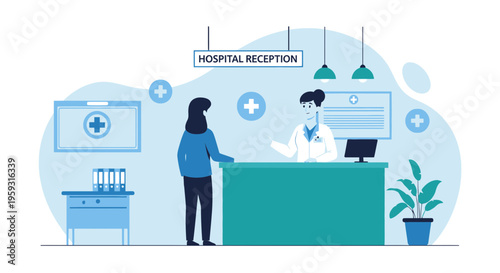 Hospital Receptionist assisting patient at counter, medical check-in, healthcare concept