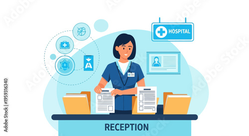 Hospital Receptionist Working at Desk with Patient Files and Medical Icons