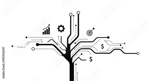 Abstract digital tree symbolizing growth and financial success with data and goals