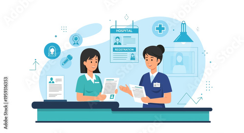 Hospital receptionists discussing patient records at counter, medical staff teamwork