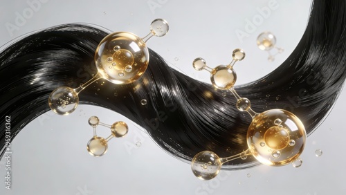 Jet-black hair strands interweave with golden molecular structure nourishing liquid, intuitively showing the technological nourishment and strong glossy texture of hair care, making it a material imag