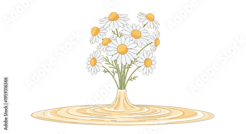 Elegant chamomile flower bouquet vector illustration with white petals and yellow centers in a cream vase, surrounded by concentric ripples, isolated on a clean white background