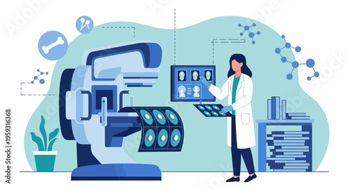 Medical professional operating advanced mammography machine for breast cancer screening and diagnosis
