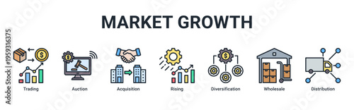 Market Growth web banner icon illustration with Trading,Auction,Acquisition,Rising,Diversification,Wholesale,and Distribution
