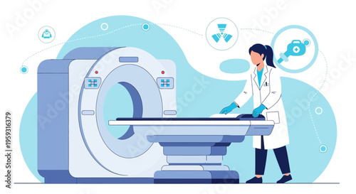 Medical professional operating CT scanner, advanced diagnostic imaging technology in hospital