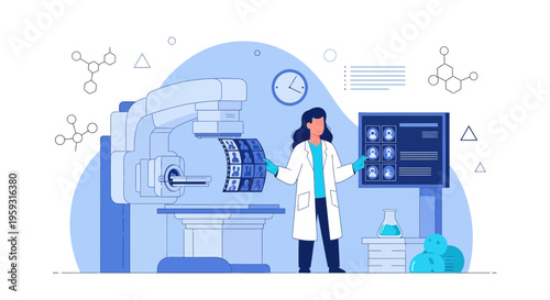 Medical Professional Examining X-ray Images Next to MRI Machine in Laboratory