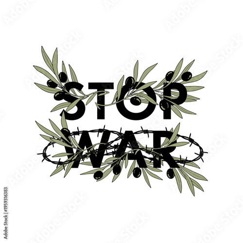 Stop War Olive Branch Barbed Wire Vector Illustration