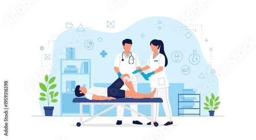 Medical professionals examine patient's knee on examination table in clinic, physiotherapy concept
