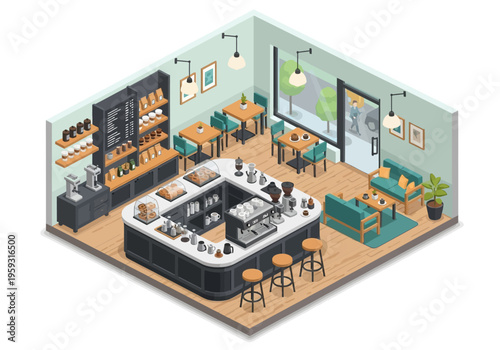 Cozy Isometric Coffee Shop Interior with Seating and Barista Station for Relaxing and Socializing
