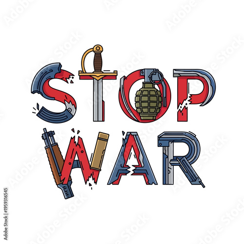 Stop War Text with Weapons on Isolated White Background Vector