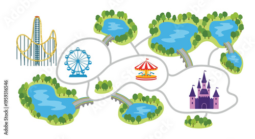 Amusement Park Map Vector Illustration with Roller Coaster, Ferris Wheel, Carousel, Castle, and Lakes for Theme Park Design