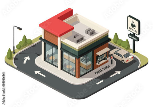 Isometric view of a modern fast food restaurant with a drive-thru lane and a car in the service window