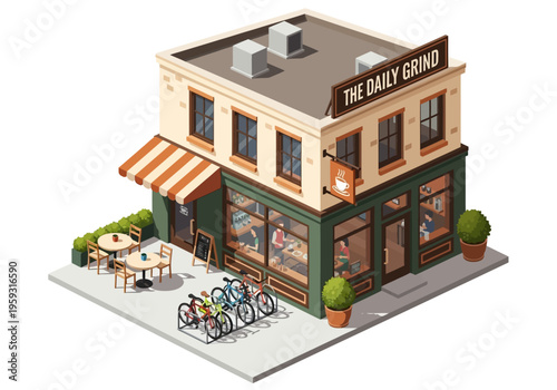 Isometric illustration of a bustling coffee shop, showcasing its exterior with outdoor seating, bicycles, and a prominent sign