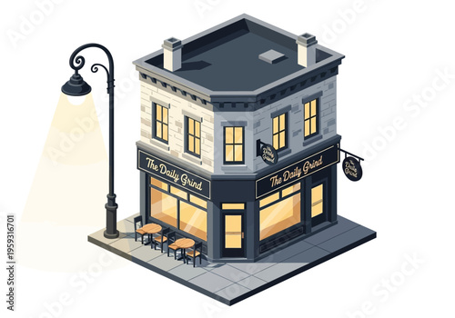 Isometric illustration of a quaint corner coffee shop with outdoor seating and a street lamp