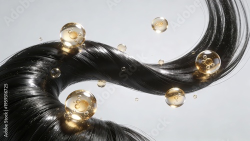 Jet-black hair strands interweave with golden molecular structure nourishing liquid, intuitively showing the technological nourishment and strong glossy texture of hair care, making it a material imag