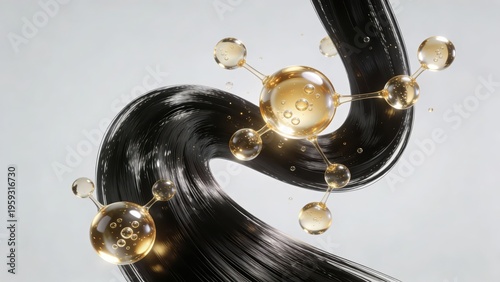 Jet-black hair strands interweave with golden molecular structure nourishing liquid, intuitively showing the technological nourishment and strong glossy texture of hair care, making it a material imag