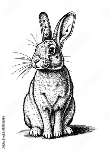 Vector of a cute and rabbit sitting upright with large attentive ears and whiskers