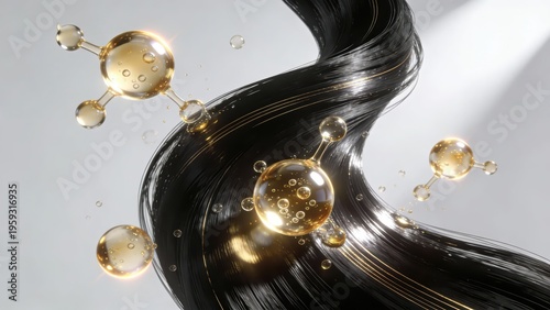 Jet-black hair strands interweave with golden molecular structure nourishing liquid, intuitively showing the technological nourishment and strong glossy texture of hair care, making it a material imag