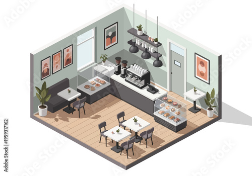 Isometric view of a cozy coffee shop interior with seating, espresso machine, and display case filled with pastries