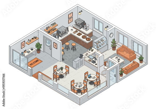 Isometric view of a cozy coffee shop interior with seating areas, a counter, and coffee machines