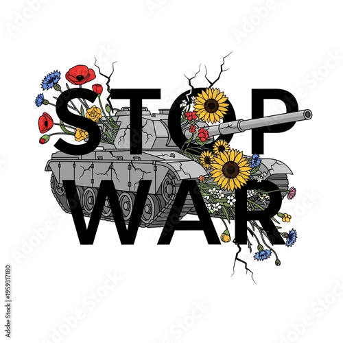 Stop War Tank with Flowers Isolated on White Background Vector