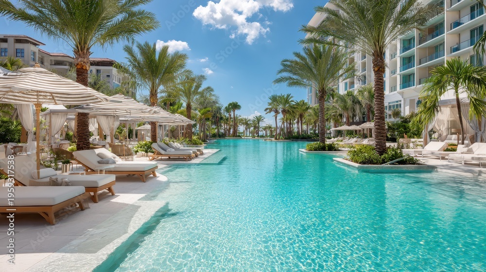 Fototapeta premium Sunlit luxury resort pool with crystal-clear water, palm shade, and expansive copyspace for a serene hotel vacation scene