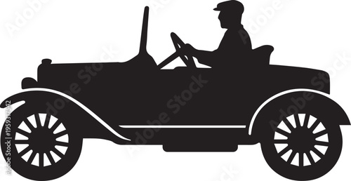 Silhouette of a man driving a classic vintage open-top car from the early twentieth century. Vector, illustration