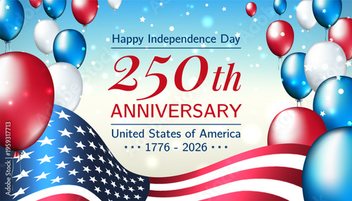 Banner 250th Anniversary of the USA. 250 years of independence. 4th of july 2026 usa independence day, vector greeting card. American flag, colored balloons, blue sky background. Fourth of july