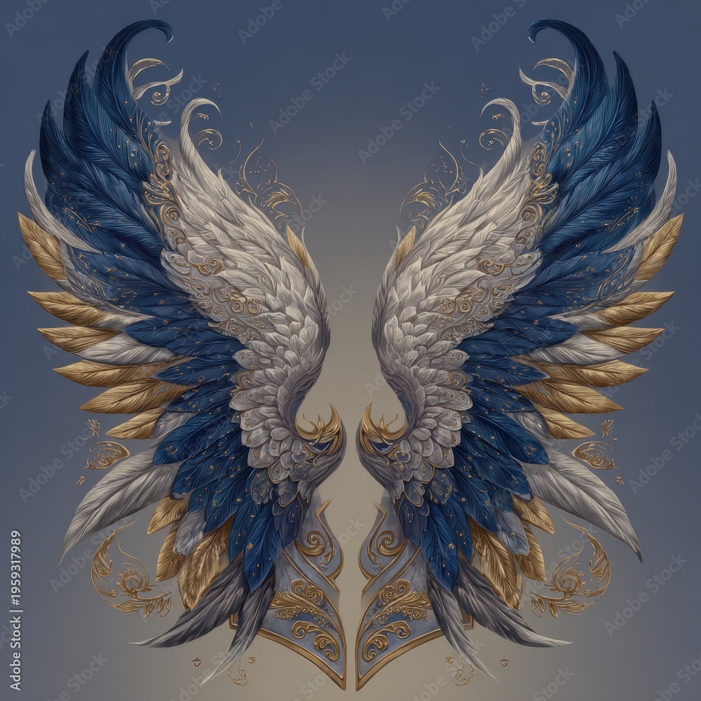 Obraz premium Symmetrical wing crest illustration: ornate heraldic emblem with golden and silver feathers