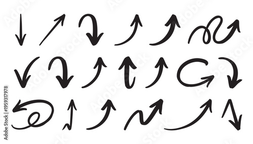 Hand drawn Arrows doodle icons set. Curved cartoon arrows sketches collection. Flat and thin pointers illustrations. Scribble swirl arrow signs.